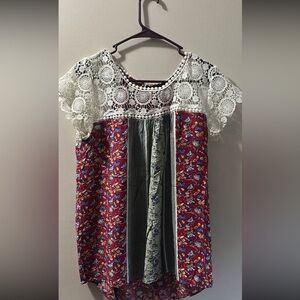 Suzanne Betro Red Floral Lace Blouse